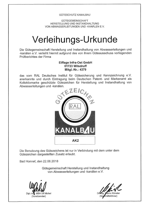 Zertifikat Güteschutz Kanalbau AK 2